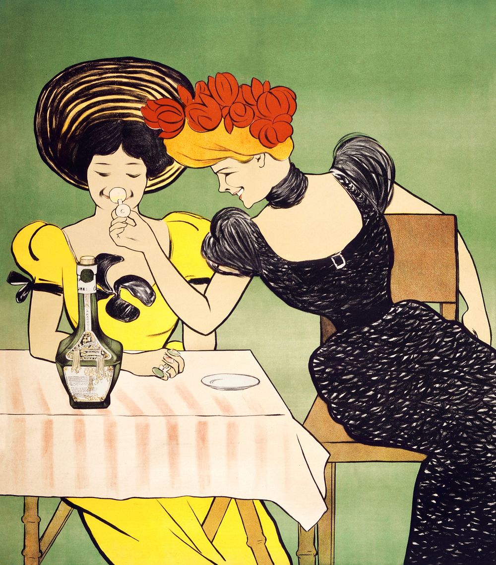 Woman drinking liqueur illustration, remixed from artworks by Leonetto Cappiello