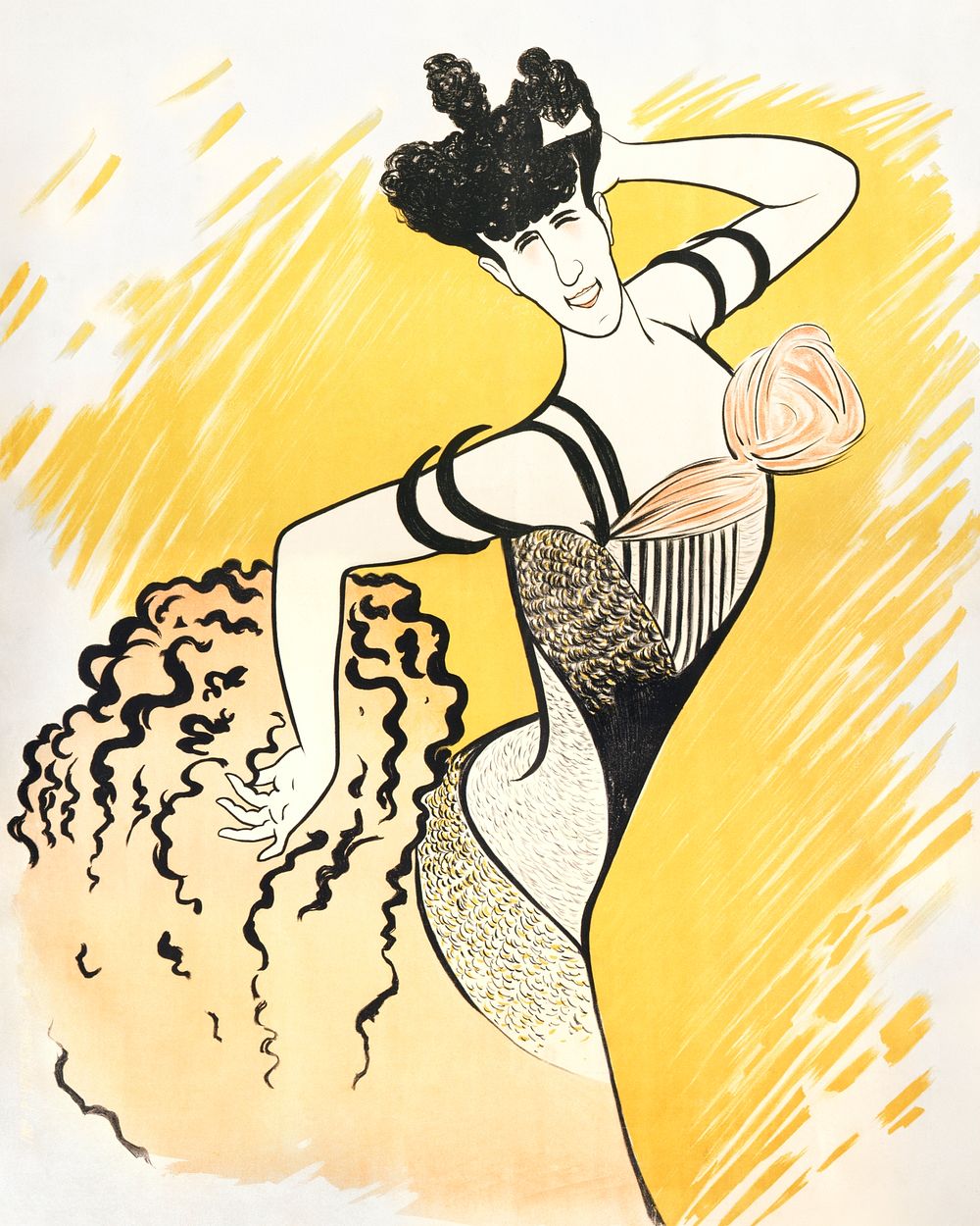 Vintage dancer in yellow dress illustration, remixed from artworks by Leonetto Cappiello