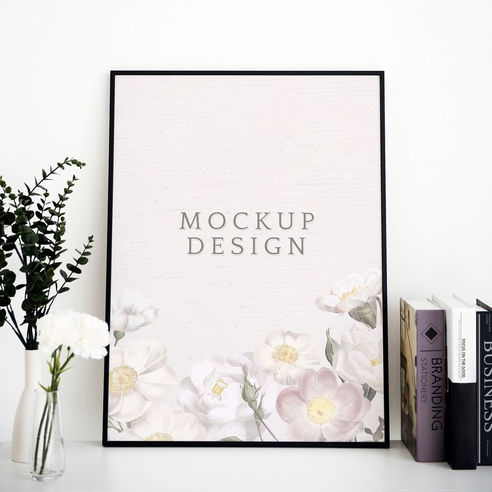 Flower photo frame mockup on white table
