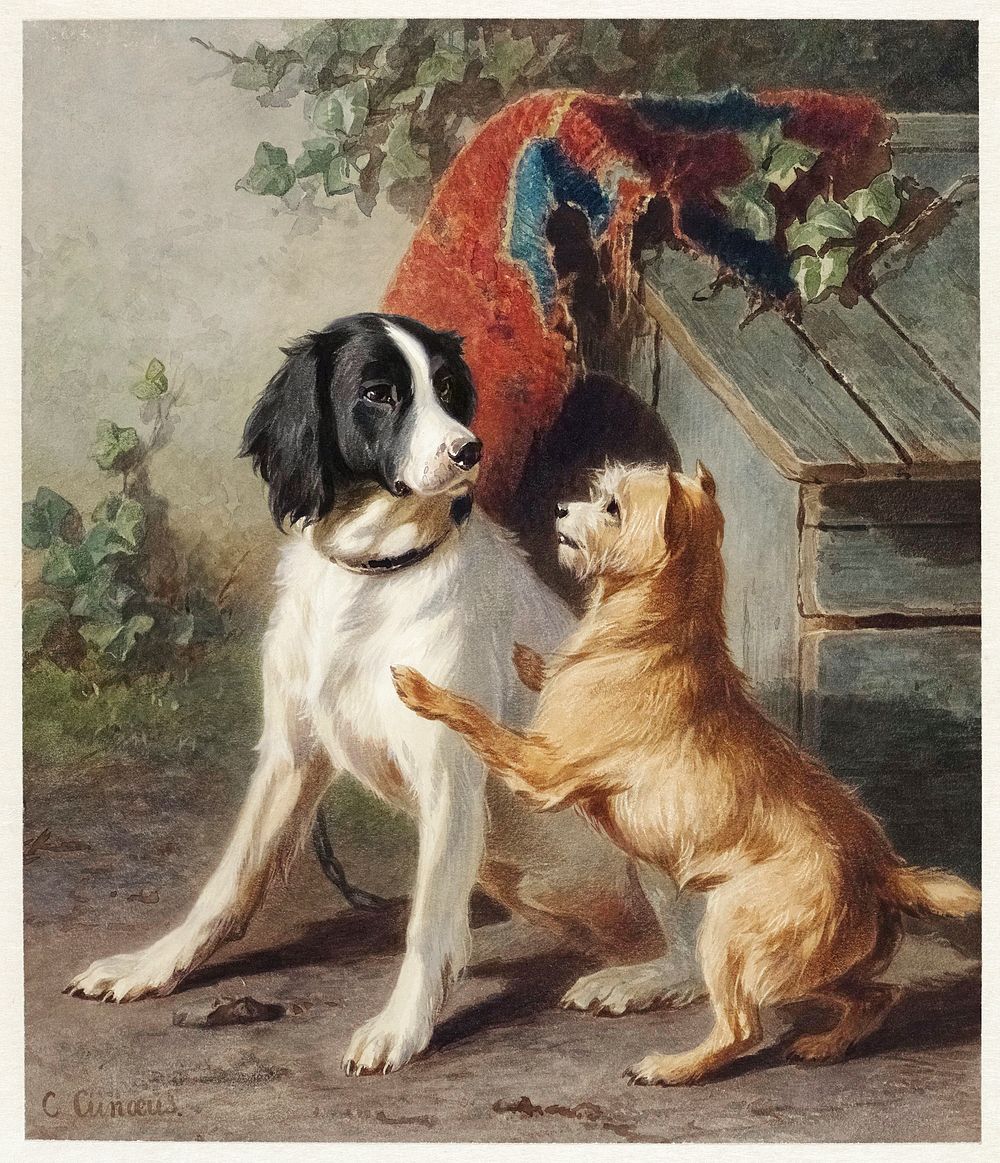 Two dogs by a kennel by Conradijn Cunaeus (1828&ndash;1895). Original from The Rijksmuseum. Digitally enhanced by rawpixel.