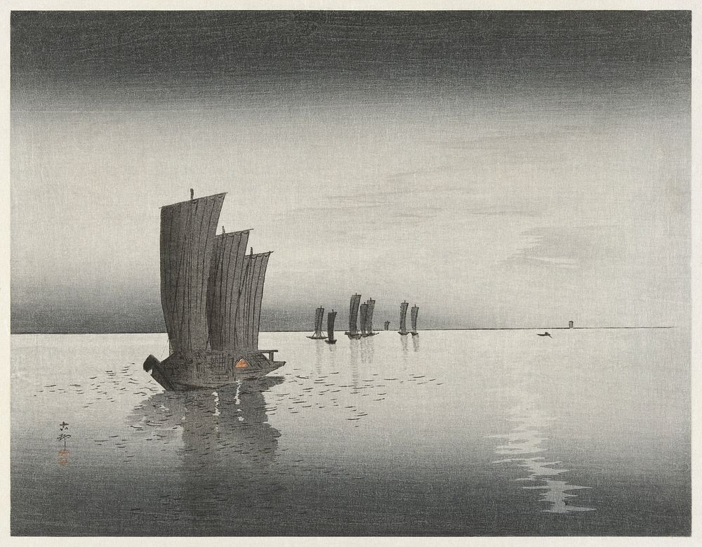 Fishing boats at dusk (1900-1920) by Ohara Koson (1877-1945). Original from The Rijksmuseum. Digitally enhanced by rawpixel.