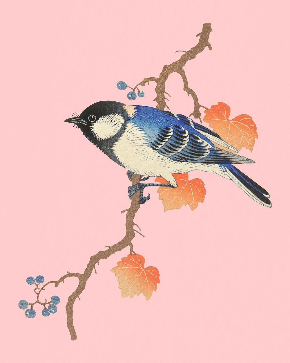 Vintage bird animal sticker, autumn season psd, remix from the artwork of Ohara Koson