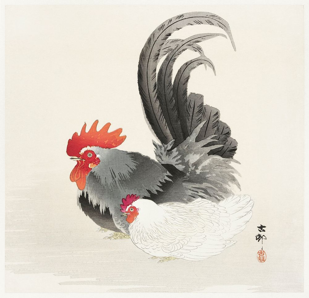 Chicken and cock (1900 - 1936) by Ohara Koson (1877-1945). Original from The Rijksmuseum. Digitally enhanced by rawpixel.
