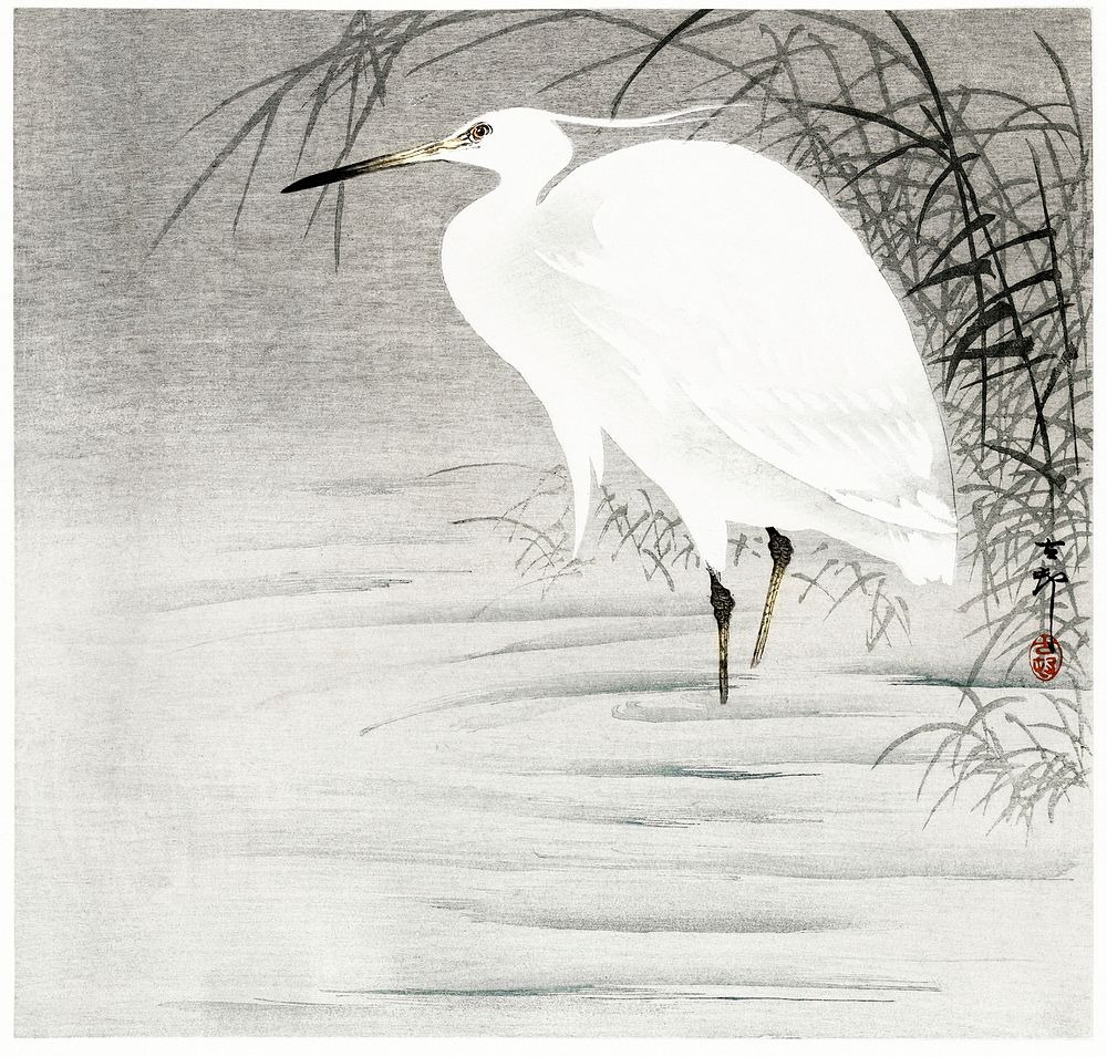 Little Egret (1900 - 1930) by Ohara Koson (1877-1945). Original from The Rijksmuseum. Digitally enhanced by rawpixel.