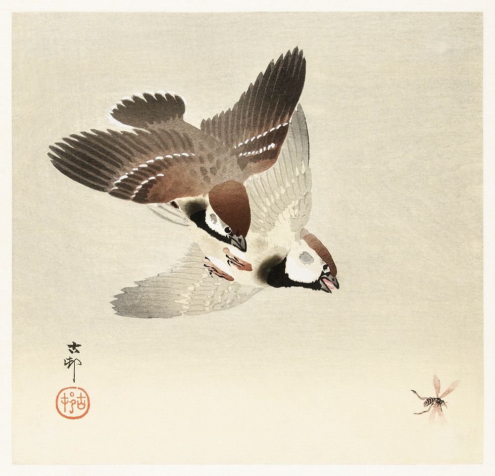 Ring sparrows and insect (1900 - 1936) by Ohara Koson (1877-1945). Original from The Rijksmuseum. Digitally enhanced by…