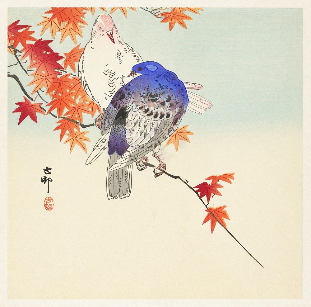 Two pigeons on autumn branch (1900 - 1936) by Ohara Koson (1877-1945). Original from The Rijksmuseum. Digitally enhanced by…