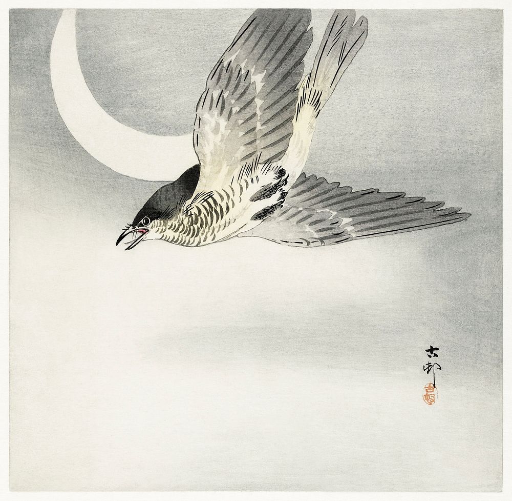 Cuckoo at crescent moon (1900 - 1930) by Ohara Koson (1877-1945). Original from The Rijksmuseum. Digitally enhanced by…