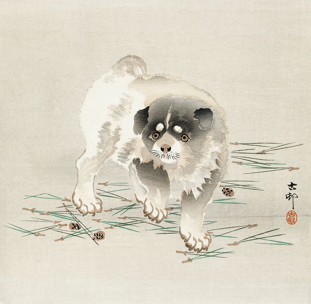 Young dog (1900 - 1930) by Ohara Koson (1877-1945). Original from The Rijksmuseum. Digitally enhanced by rawpixel.