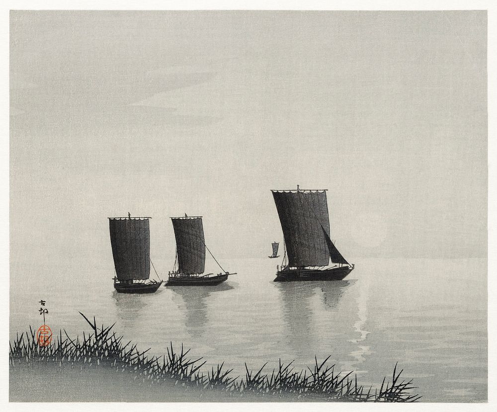 Fishing boats (1900 - 1936) by Ohara Koson (1877-1945). Original from The Rijksmuseum. Digitally enhanced by rawpixel.