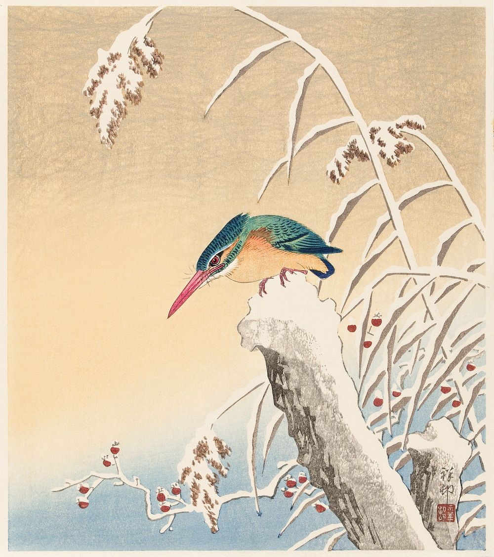 Kingfisher in the snow (1925 - 1936) by Ohara Koson (1877-1945). Original from The Rijksmuseum. Digitally enhanced by…