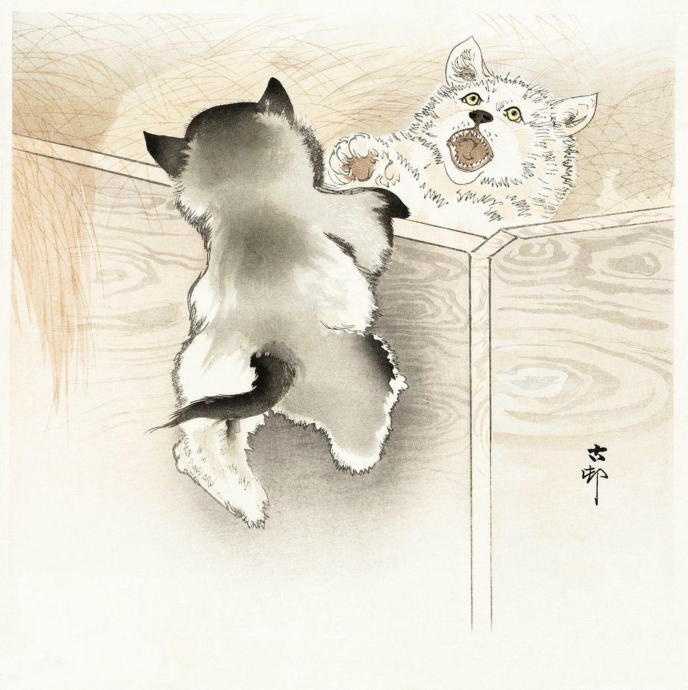 Two playing dogs (1900 - 1930) by Ohara Koson (1877-1945). Original from The Rijksmuseum. Digitally enhanced by rawpixel.