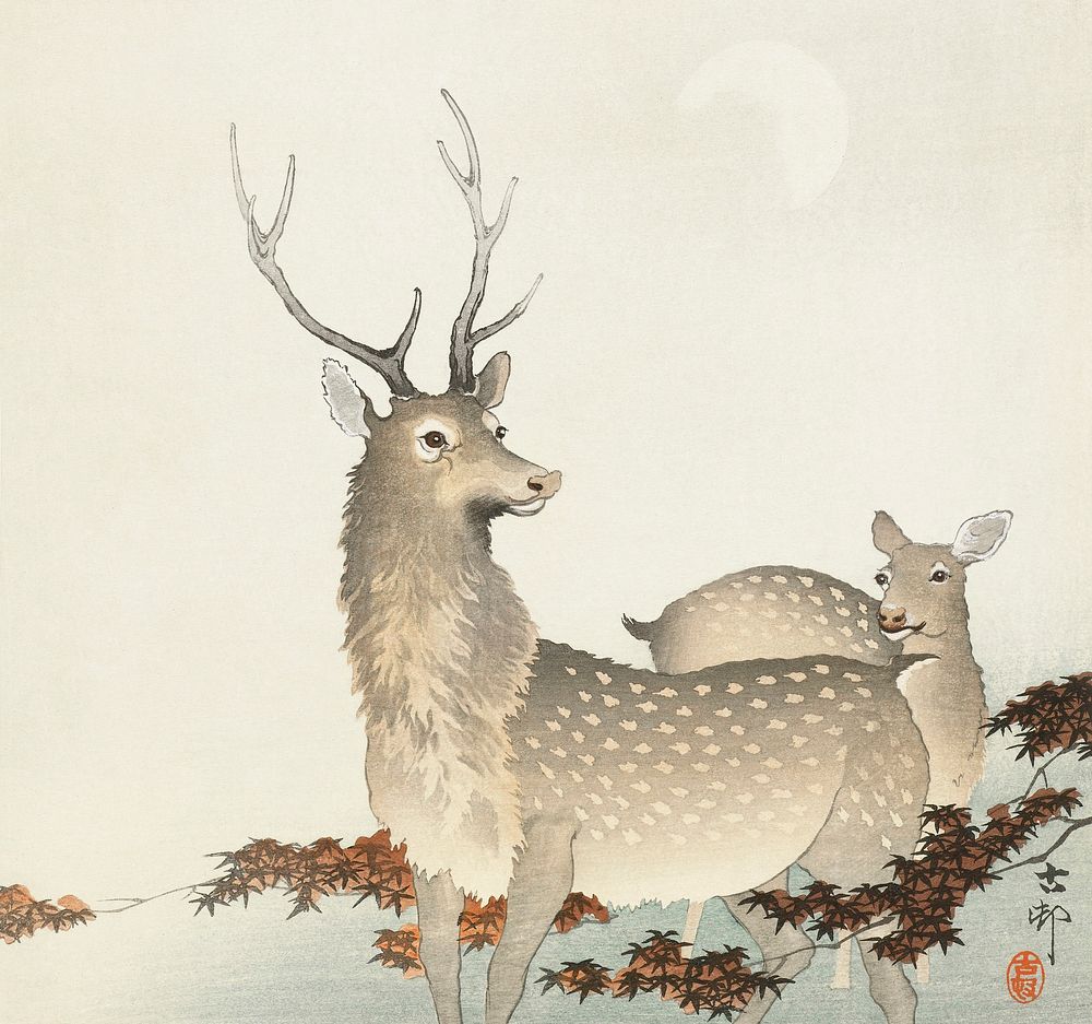 Couple of deers (1900 - 1930) by Ohara Koson (1877-1945). Original from The Rijksmuseum. Digitally enhanced by rawpixel.