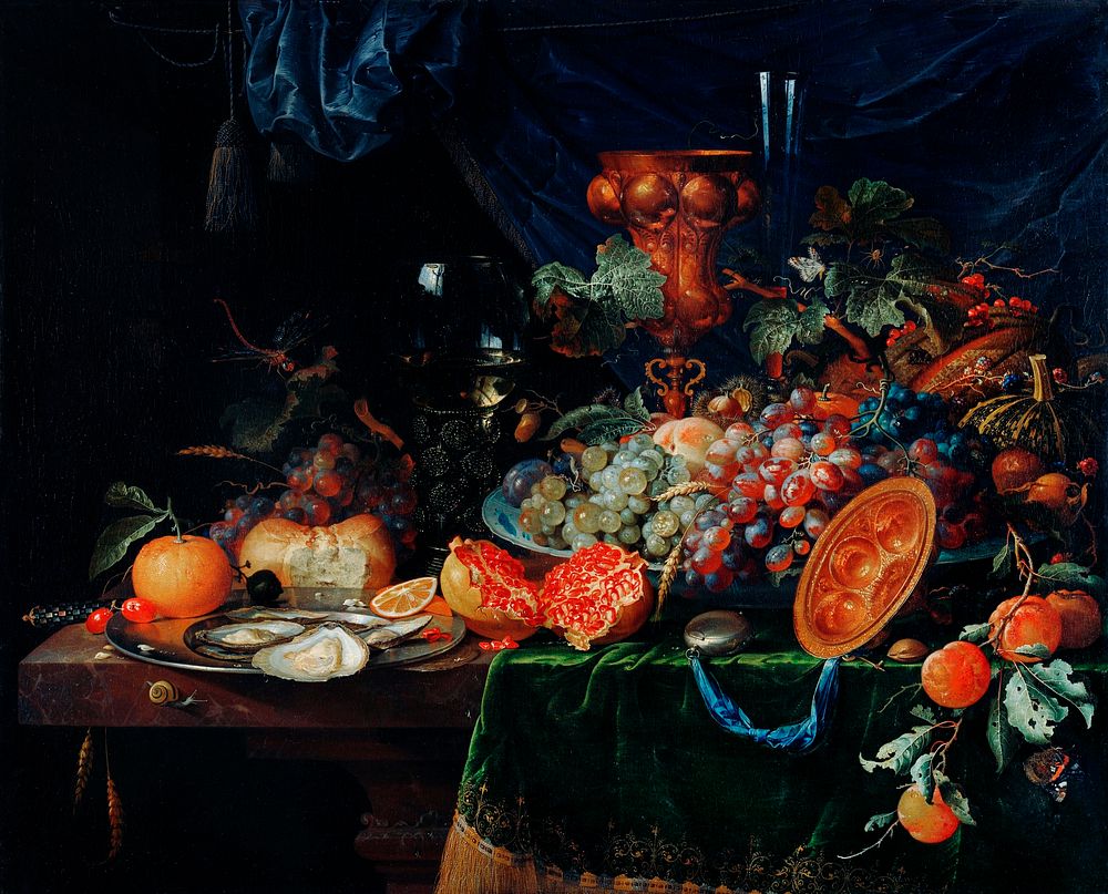 Fruits and oysters by Abraham Mignon (1660-1679). Original from The Rijksmuseum. Digitally enhanced by rawpixel.