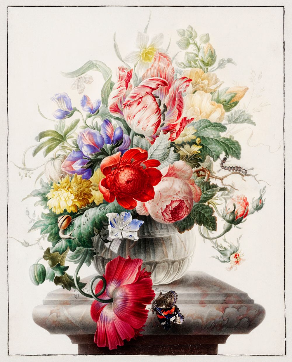 Flowers in a glass vase by Herman Henstenburgh (c. 1700). Original from The Rijksmuseum. Digitally enhanced by rawpixel.