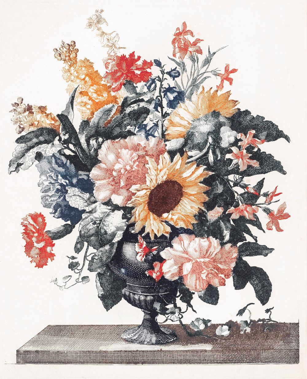 Stone Vase With Sunflowers and Carnations (1688-1698) by Johan Teyler (1648-1709). Original from The Rijksmuseum. Digitally…