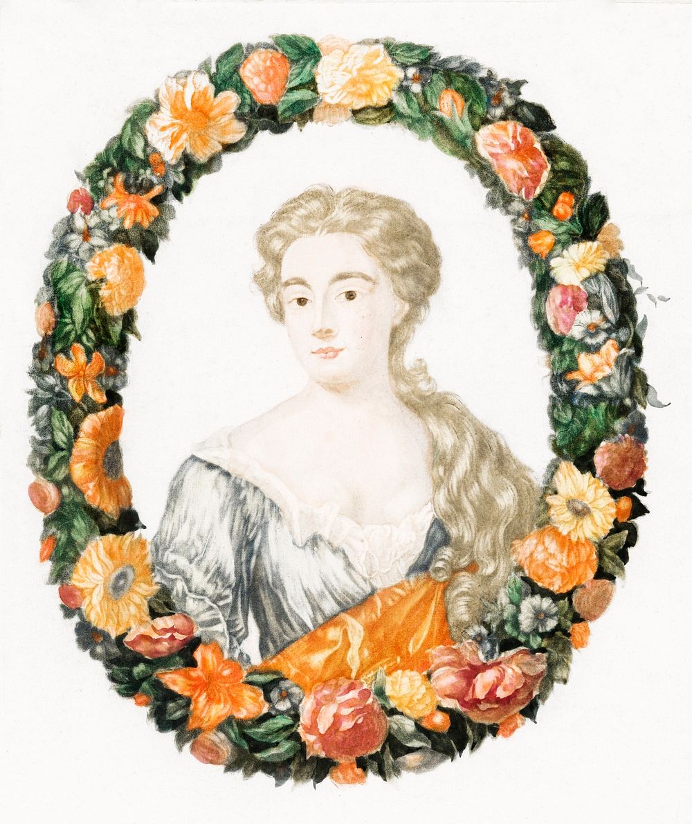 Portrait of a woman in a floral wreath by Johan Teyler (1648 -1709). Original from The Rijksmuseum. Digitally enhanced by…