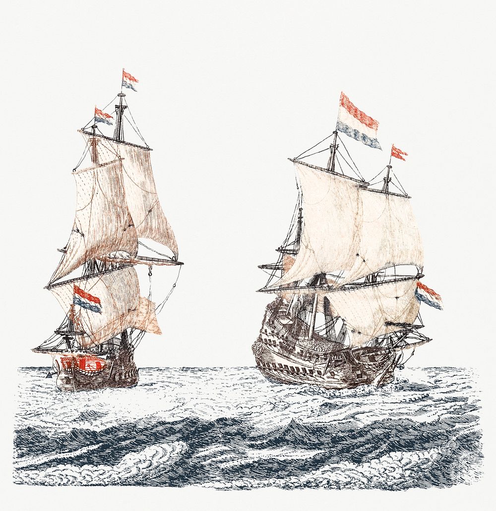 Two sailing ships at sea by Johan Teyler (1648-1709). Original from Rijks Museum. Digitally enhanced by rawpixel.