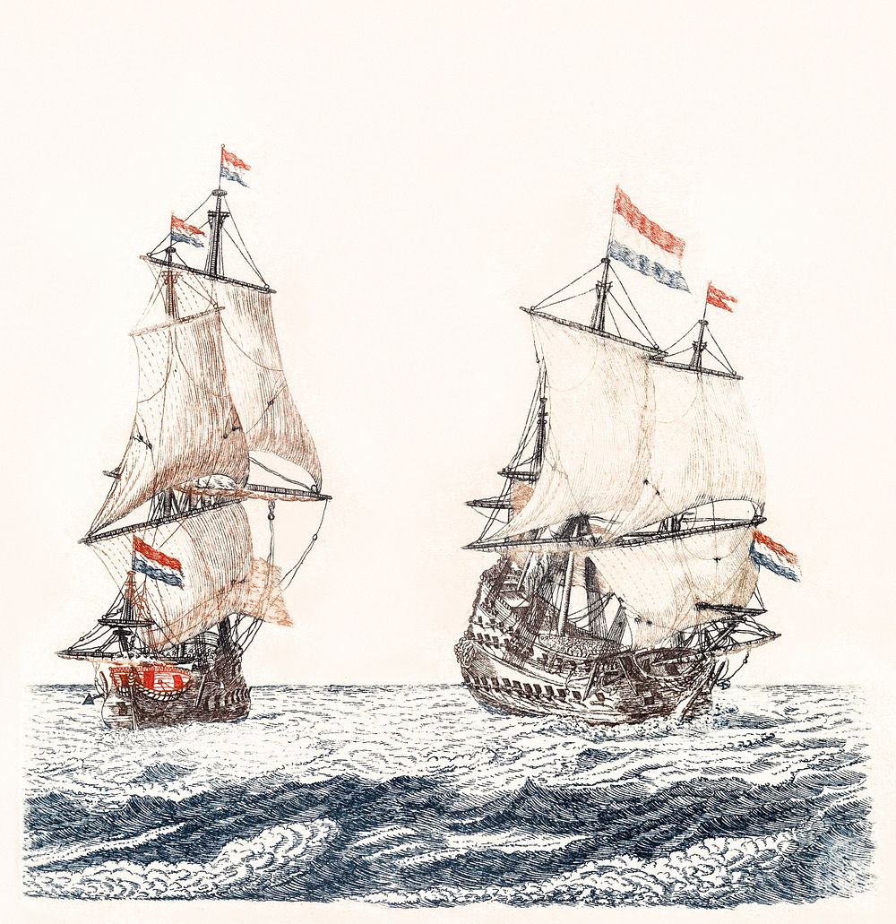 Two sailing ships at sea by Johan Teyler (1648-1709). Original from The Rijksmuseum. Digitally enhanced by rawpixel.