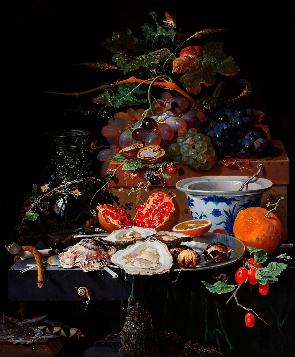 Fruits and oysters by Abraham Mignon (1660 - 1679). Original from The Rijksmuseum. Digitally enhanced by rawpixel.