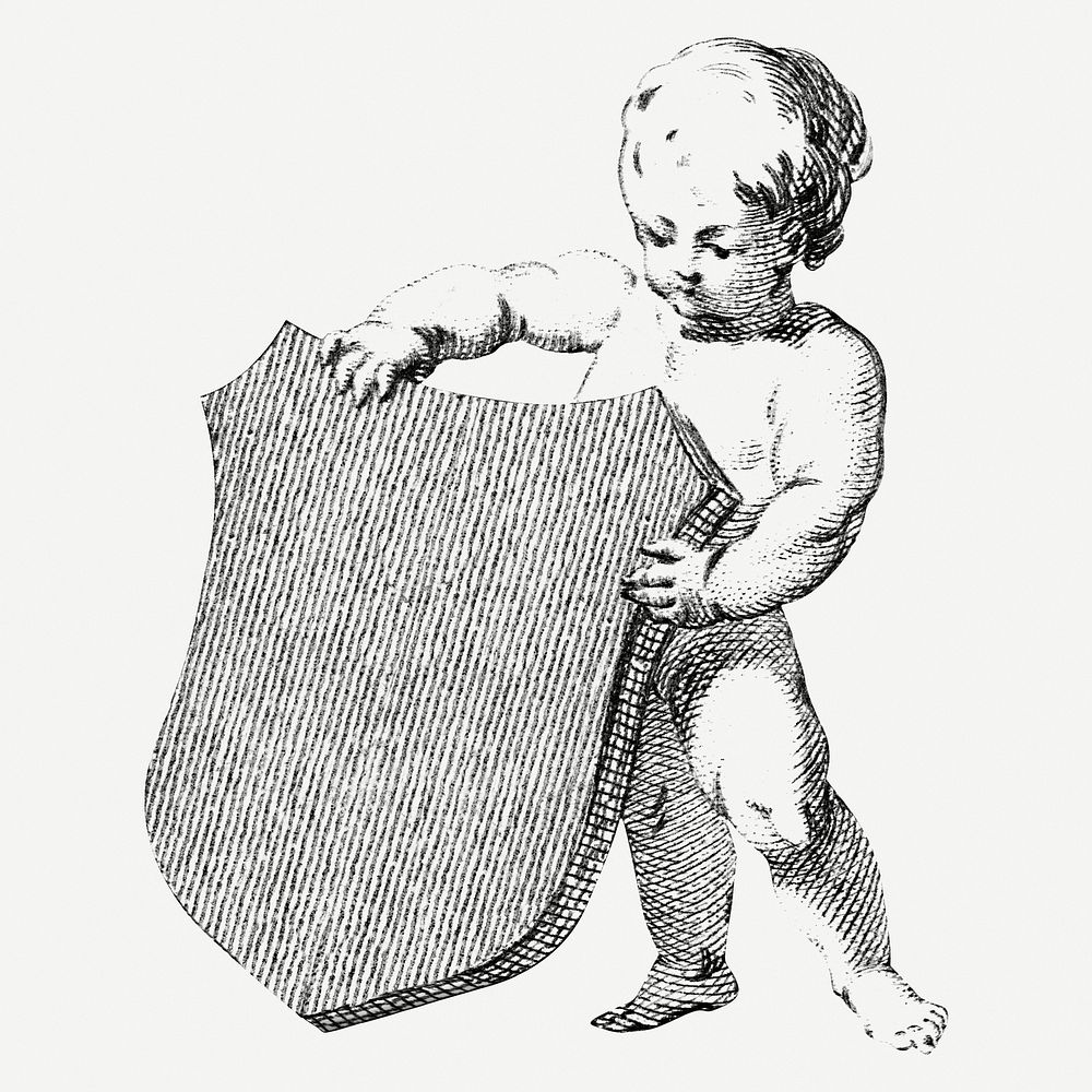 Hand drawn cherub with shield illustration