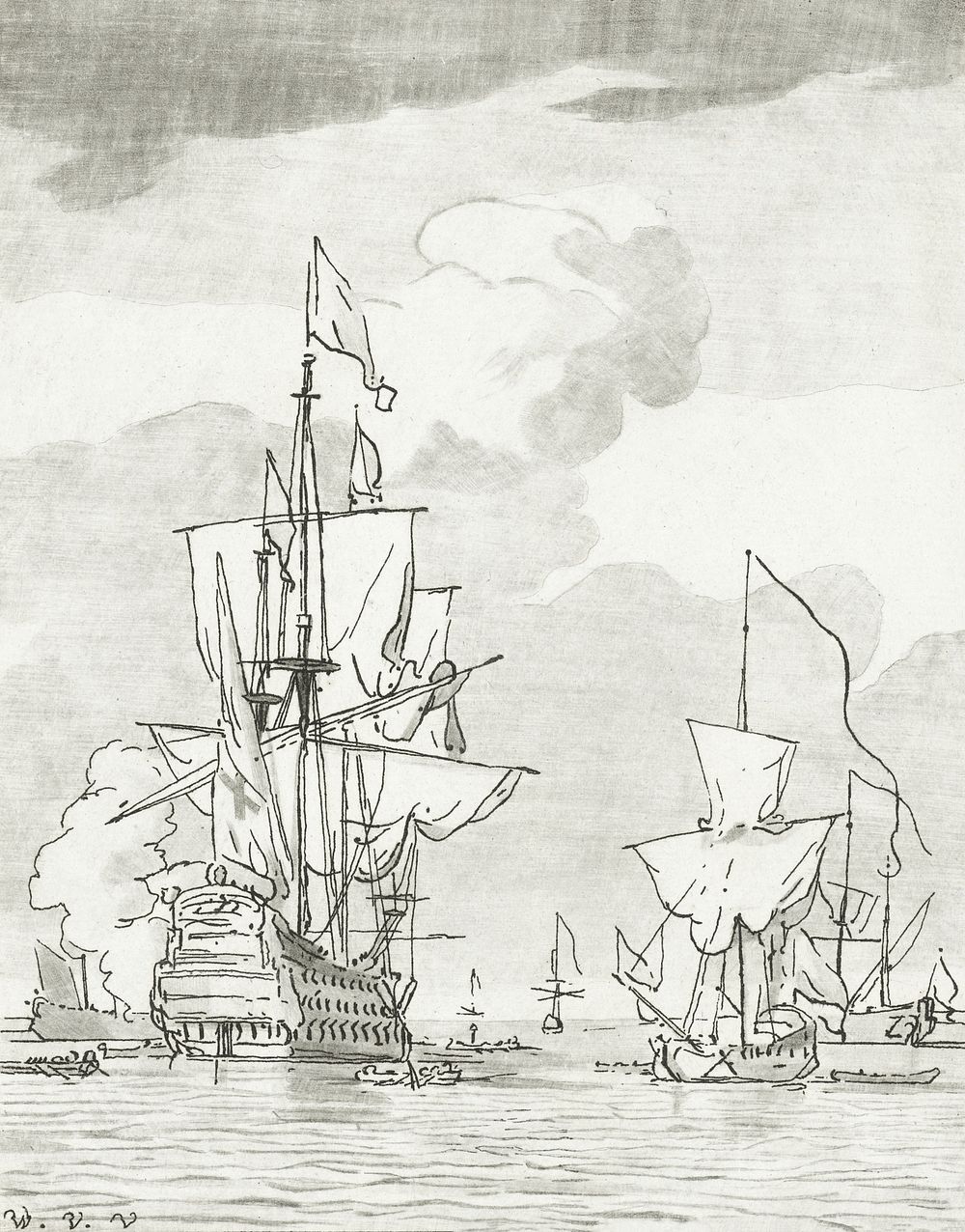 Oorlogsschip een schot lossend (1759) by Cornelis Ploos van Amstel. Original from The Rijksmuseum. Digitally enhanced by…