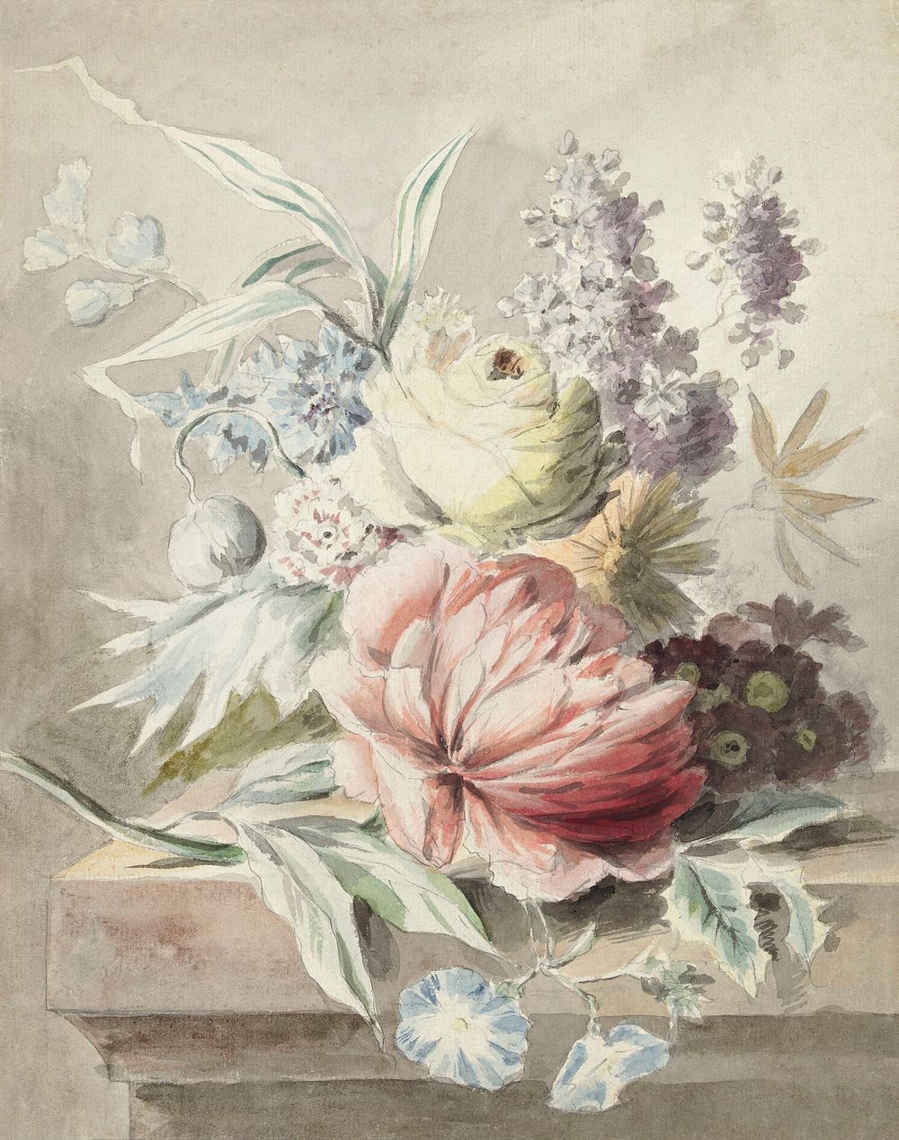 Flowers lying on a plinth (1700&ndash;1800) by anonymous. Original from The Rijksmuseum. Digitally enhanced by rawpixel.