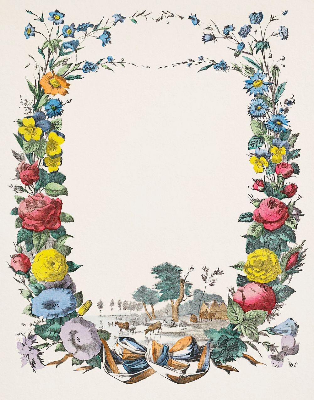 Letter with flower wreath and landscape with farm and animals (1829&ndash;1880) by Jos. Scholz. Original from The…