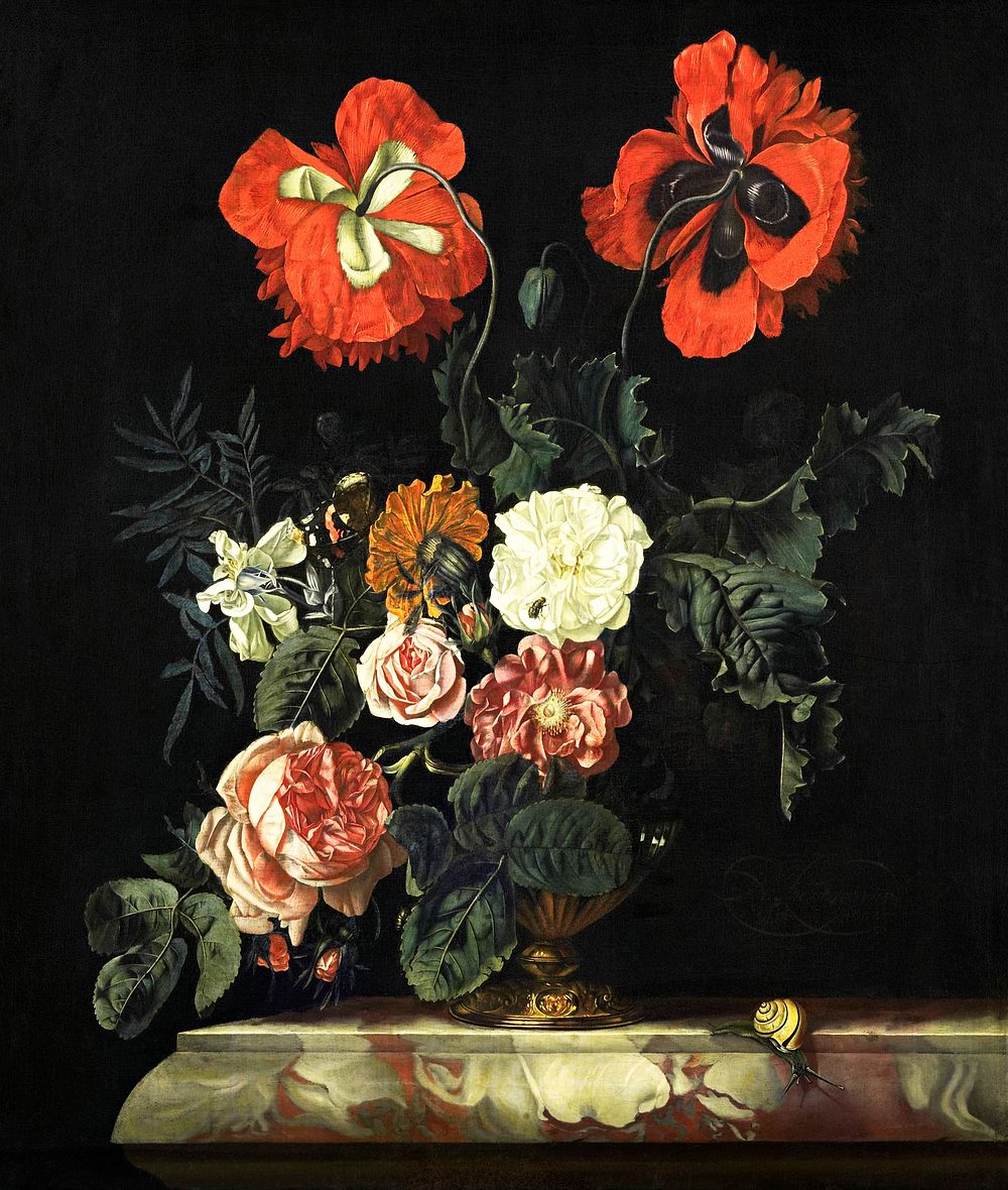 Still Life with Flowers (1667) by Nicolaes Lachtropius. Original from The Rijksmuseum. Digitally enhanced by rawpixel.