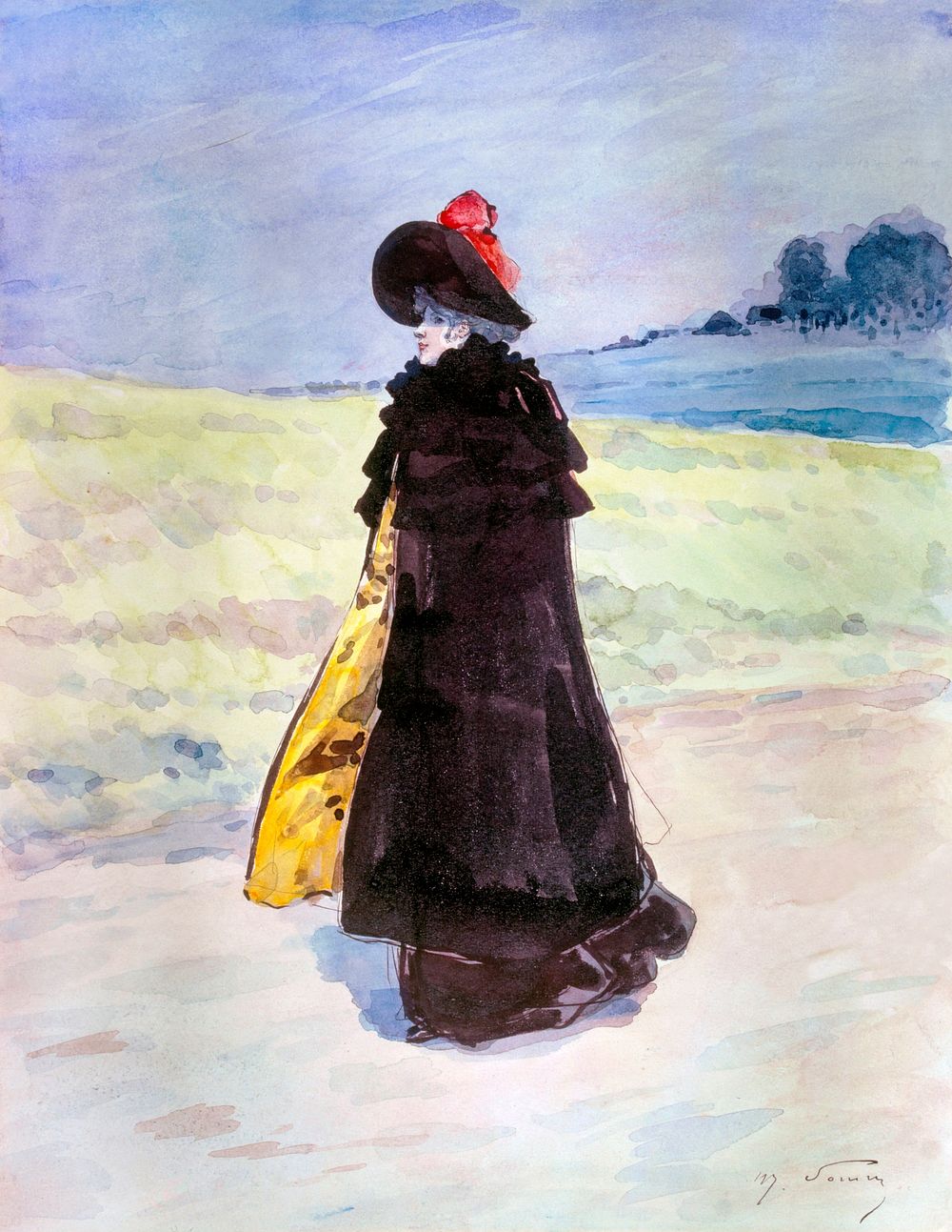 Elegant in a black cape in a landscape (1890-1900) painting in high resolution by Henry Somm. Original from The Public…