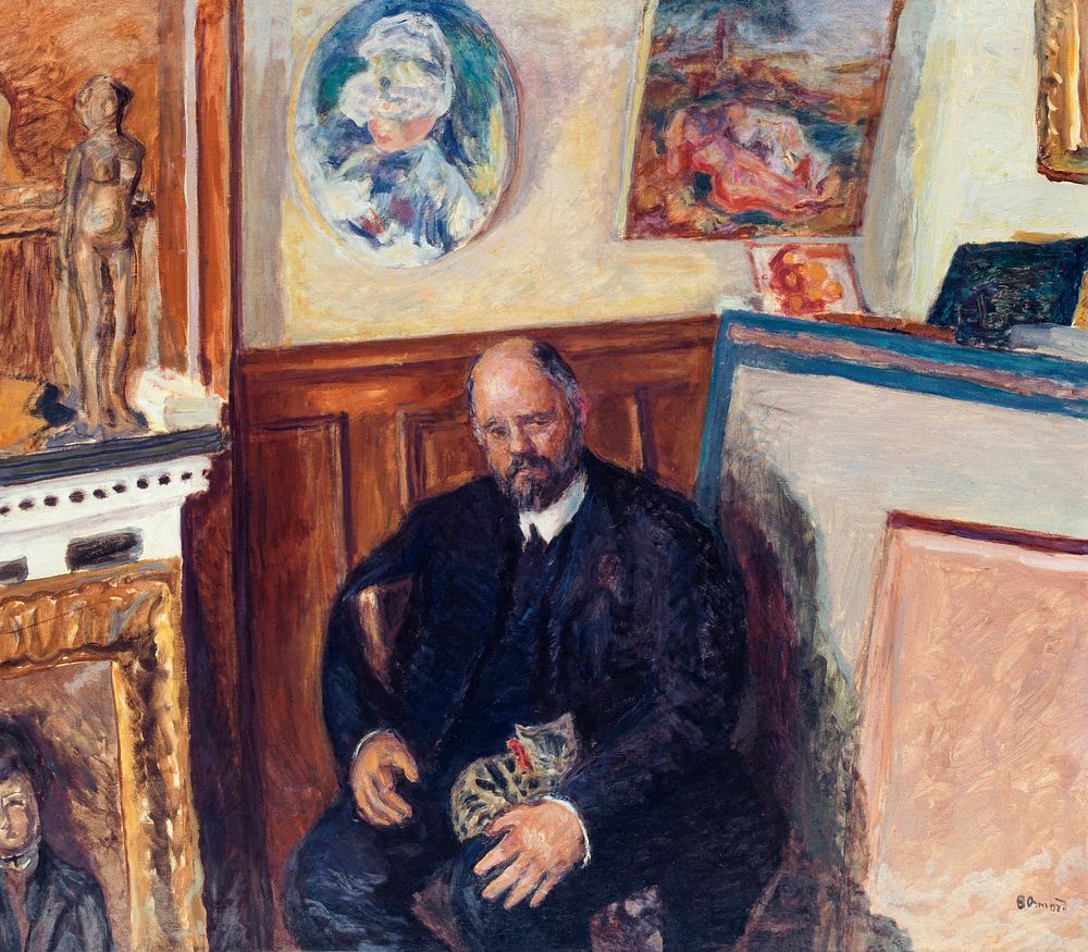 Portrait of Ambroise Vollard with a cat (1924) painting in high resolution by Pierre Bonnard. Original from the Public…