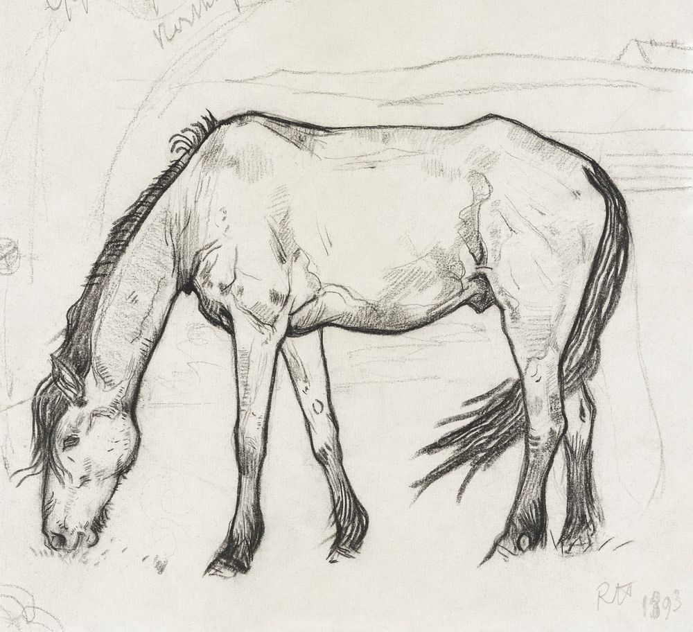Grazing horse in Noordwijk (1893) drawing in high resolution by Richard Roland Holst. Original from the Rijksmuseum.…