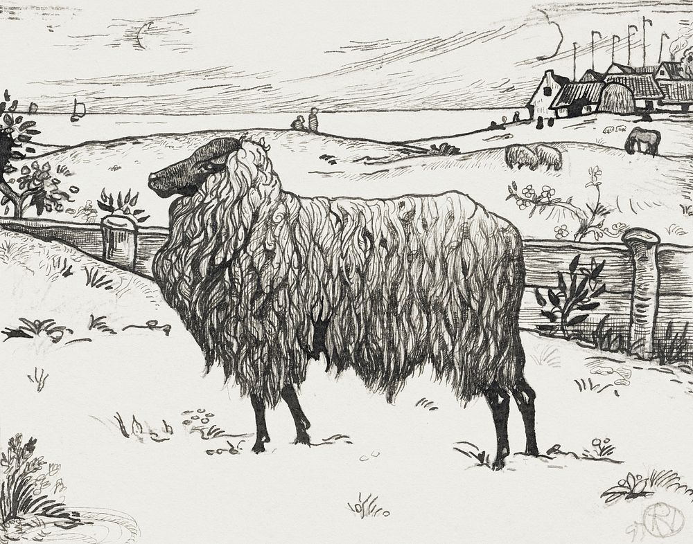 Sheep in a coastal landscape (1897) drawing in high resolution by Richard Roland Holst. Original from the Rijksmuseum.…