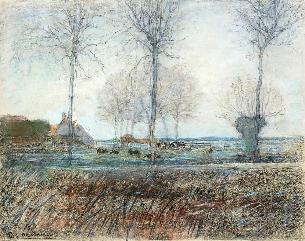 Farm Setting, Three Tall Trees in the Foreground (ca. 1907) drawing in high resolution by Piet Mondrian. Original from the…