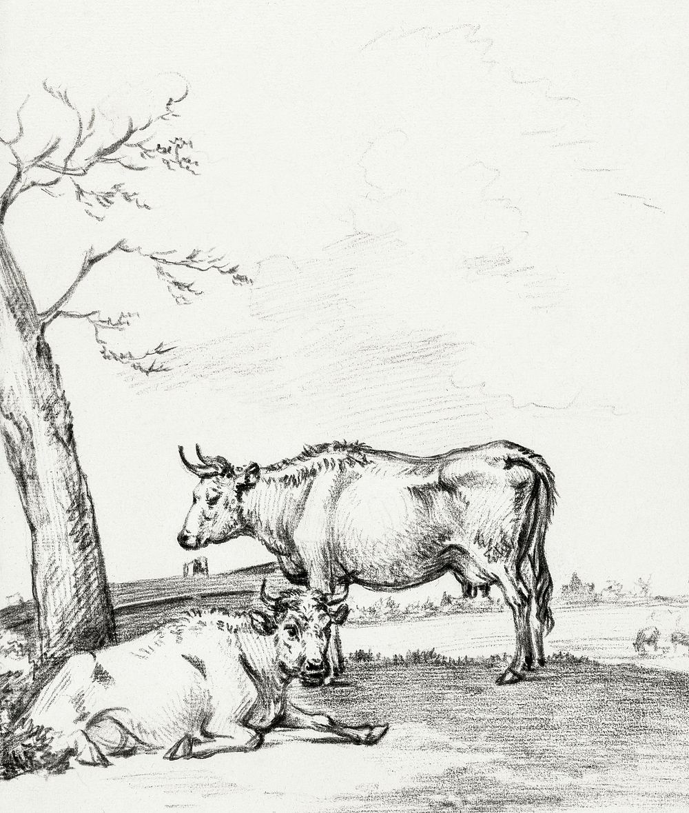 Standing and lying cow by Jean Bernard (1775-1883). Original from The Rijksmuseum. Digitally enhanced by rawpixel.