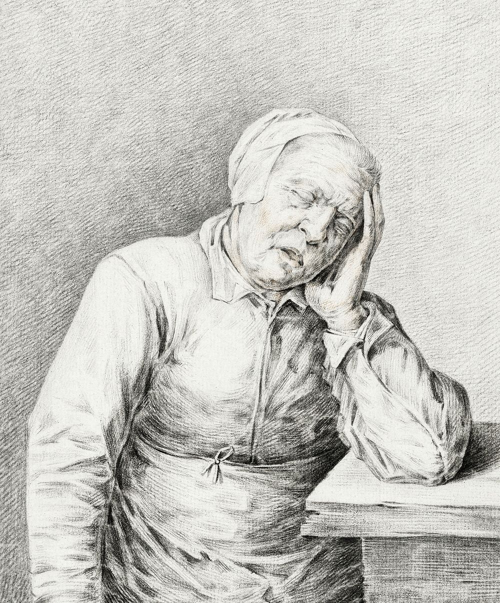 Sleeping old woman, with her head in her hand by Jean Bernard (1775-1883). Original from The Rijksmuseum. Digitally enhanced…