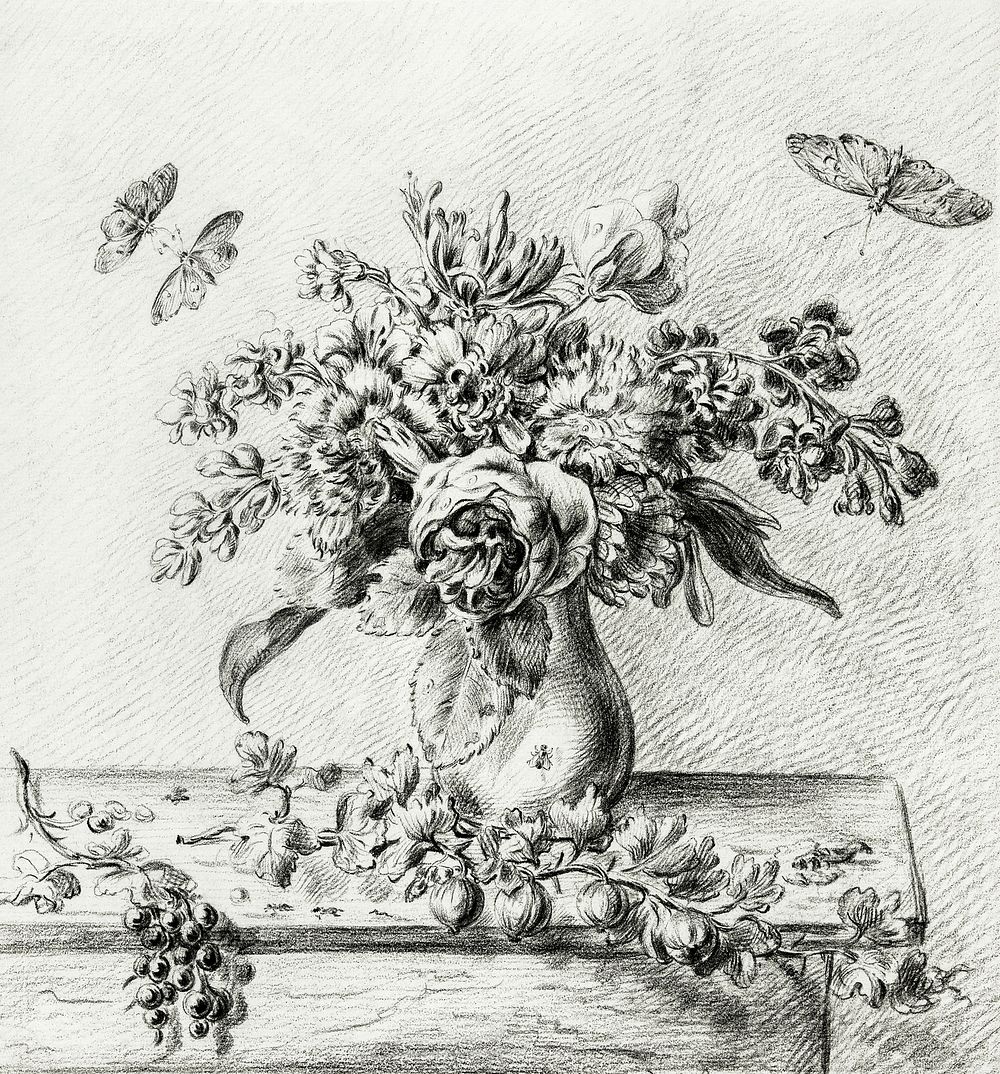 Still life with flower arrangement, fruits and insects by Jean Bernard (1775-1883). Original from The Rijksmuseum. Digitally…