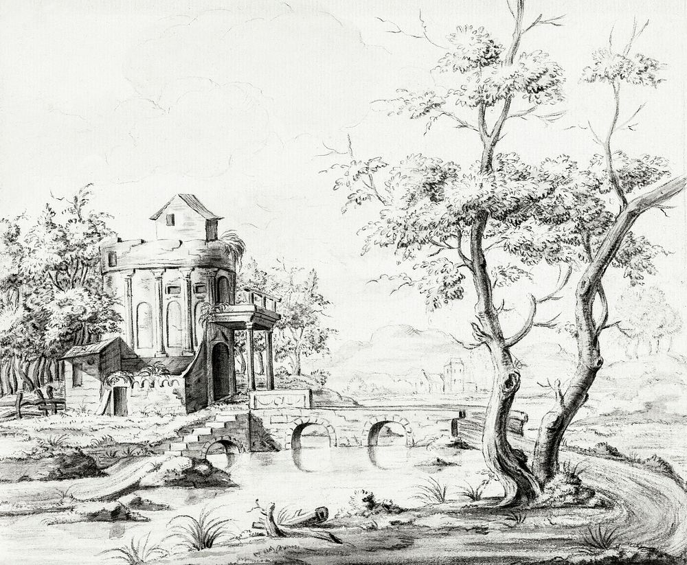 Landscape with fantastic ruin by Jean Bernard (1775-1883). Original from the Rijks Museum. Digitally enhanced by rawpixel.