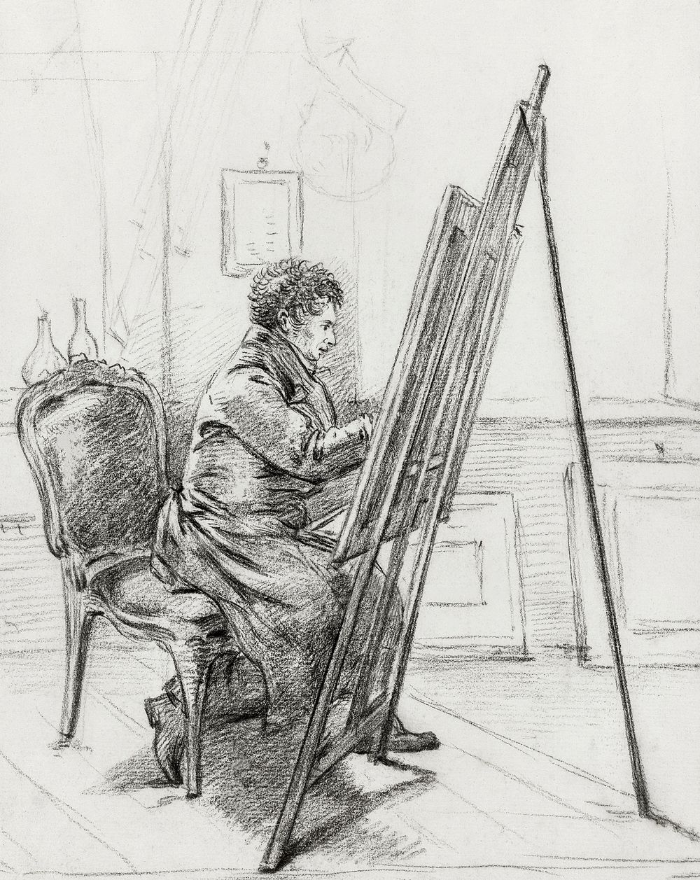 Portrait of Gerrit Jan Micha&euml;lis, sitting in front of easel in his studio (1823) by Jean Bernard (1775-1883). Original…