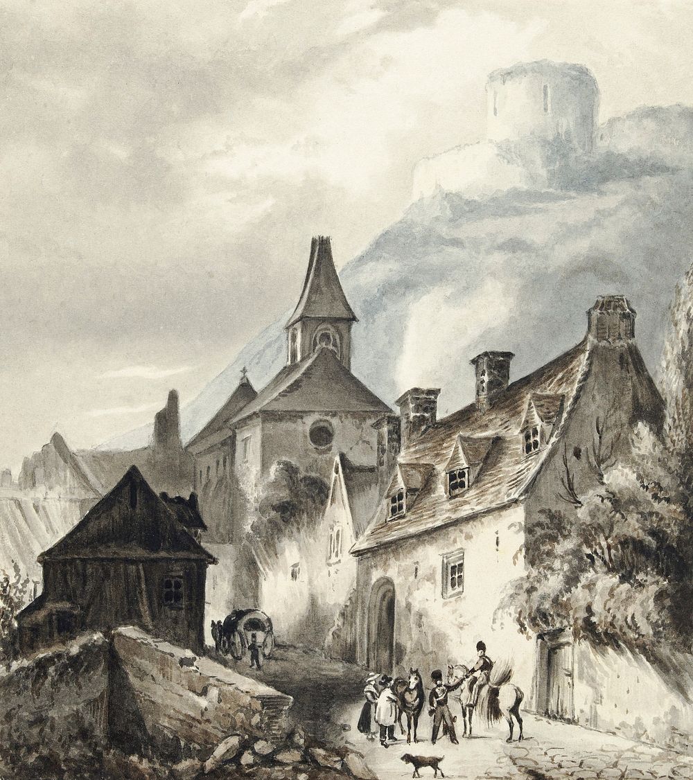 View of la Roche-Guyon by Jean Bernard (1775-1883). Original from the Rijks Museum. Digitally enhanced by rawpixel.