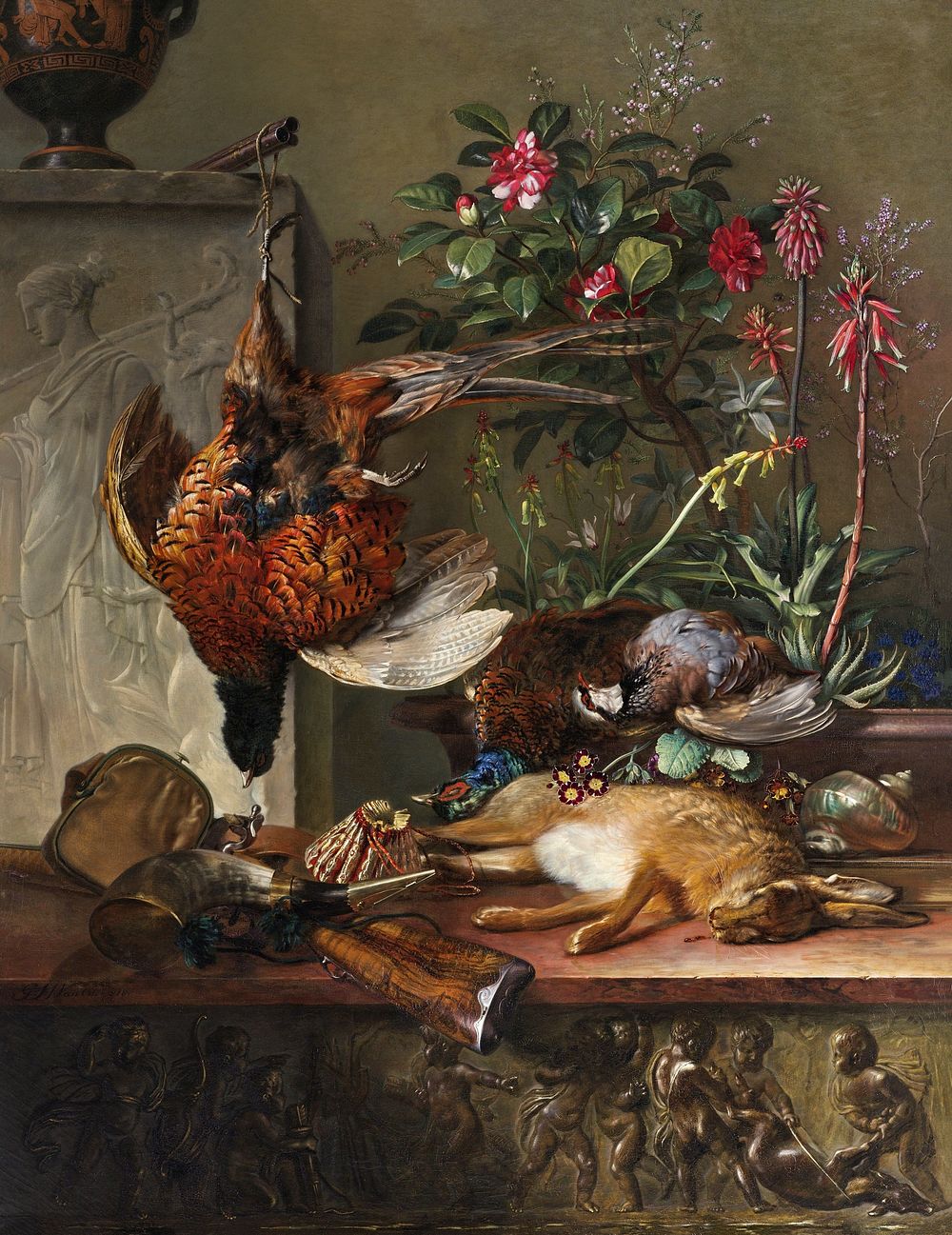 Still Life with Game and a Greek Stele: Allegory of Autumn (1818) by Georgius Jacobus Johannes van Os. Original from The…