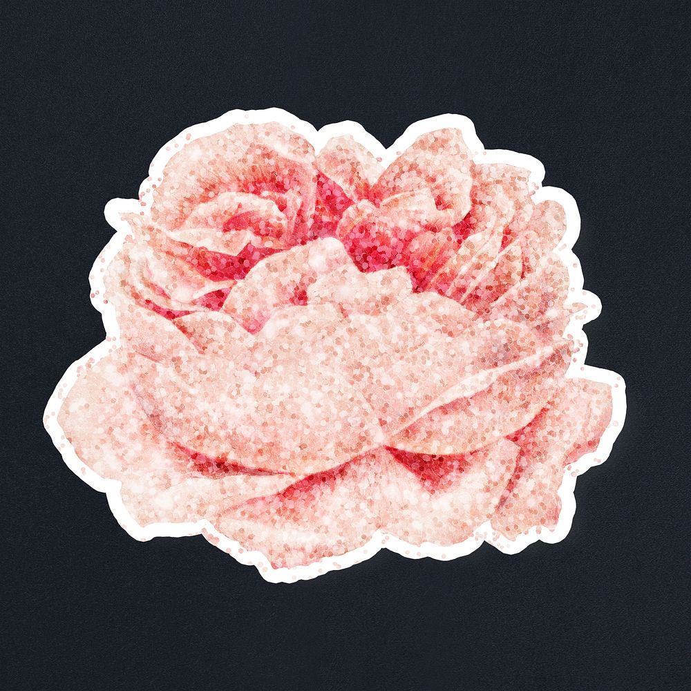 Pink glitter rose flower sticker with white border design element