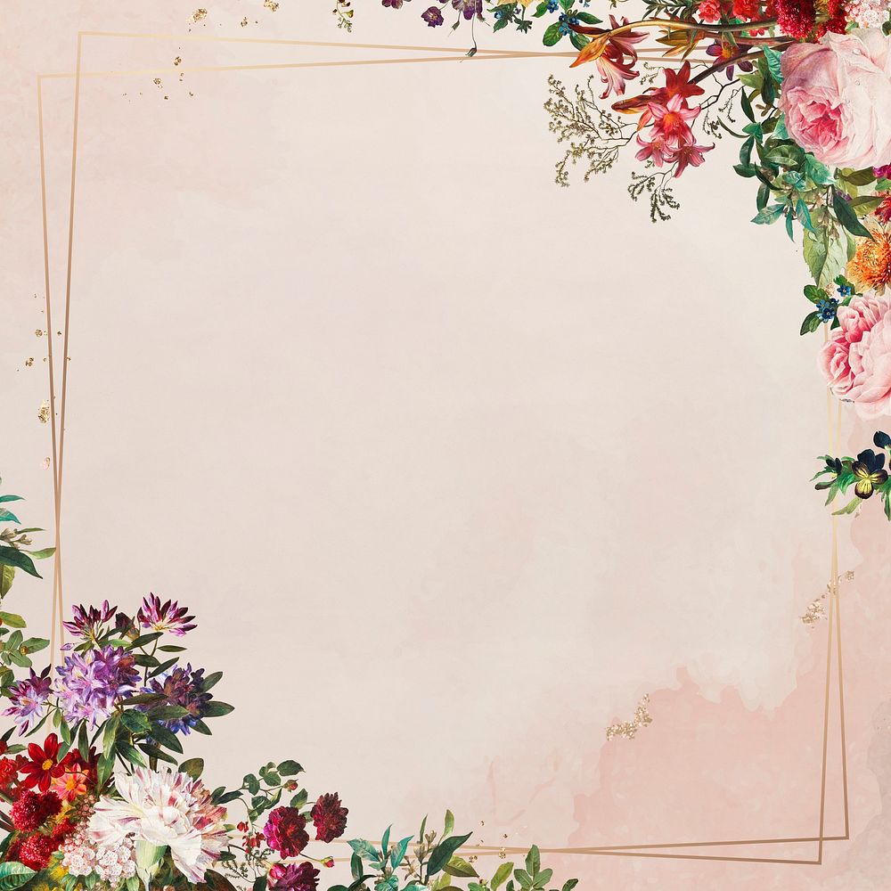 Gold frame on flower bouquets background