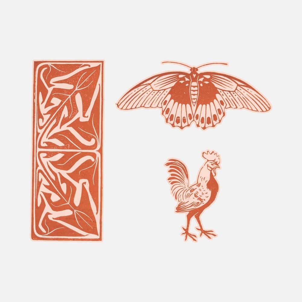 Butterfly, rooster and leaf ornament (1901) by Julie de Graag (1877-1924). Original from the Rijks Museum. Digitally…