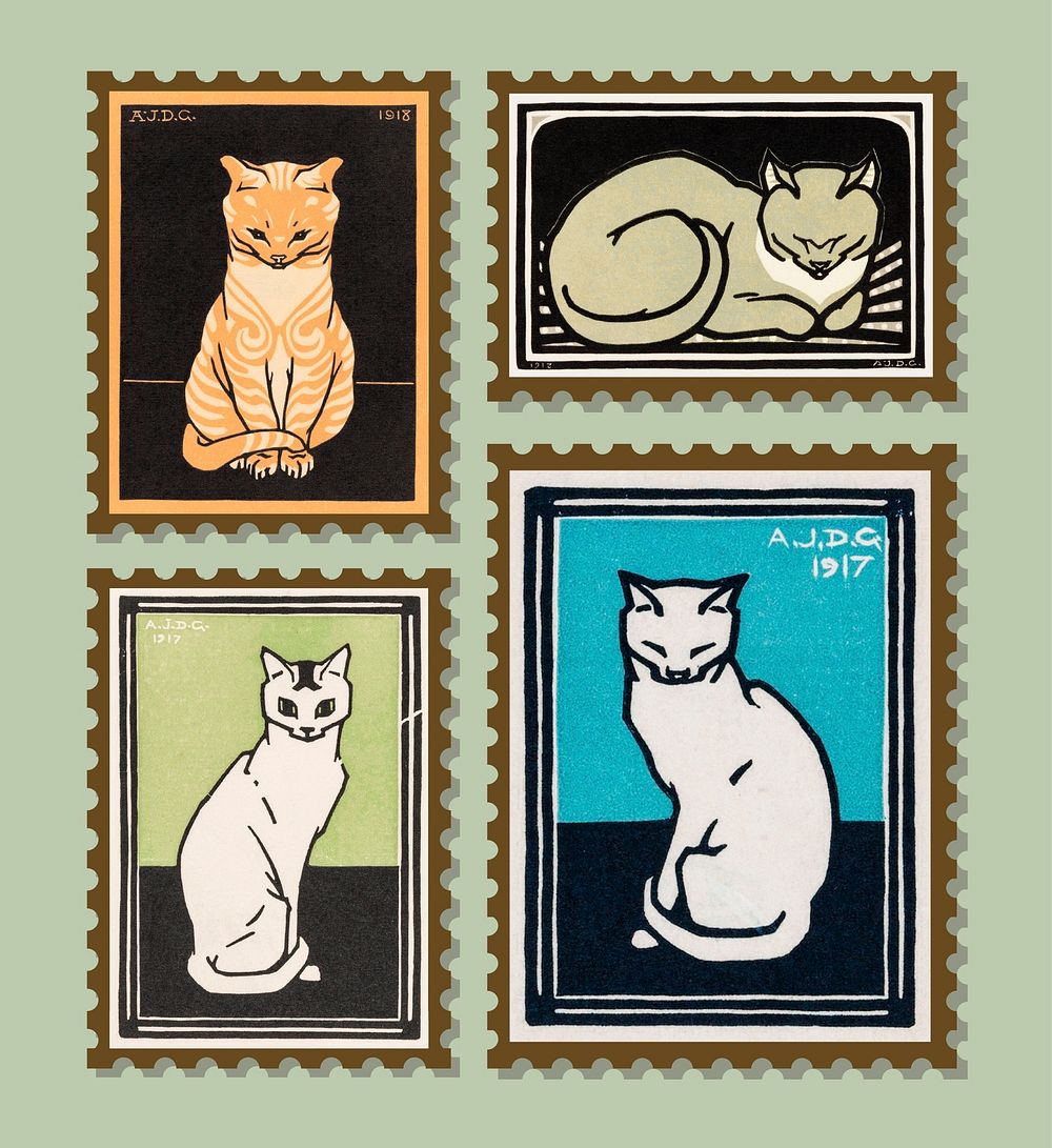 Vintage Illustration of Set of stamps with cats.
