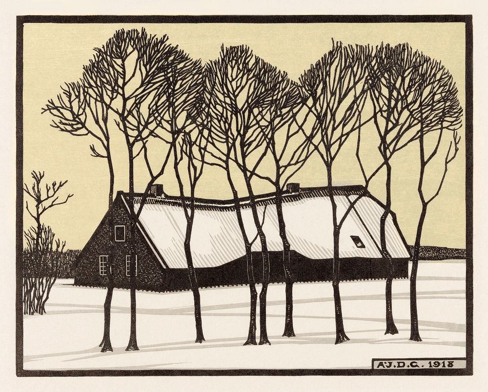 Farm in the snow (1918) by Julie de Graag (1877-1924). Original from The Rijksmuseum. Digitally enhanced by rawpixel.