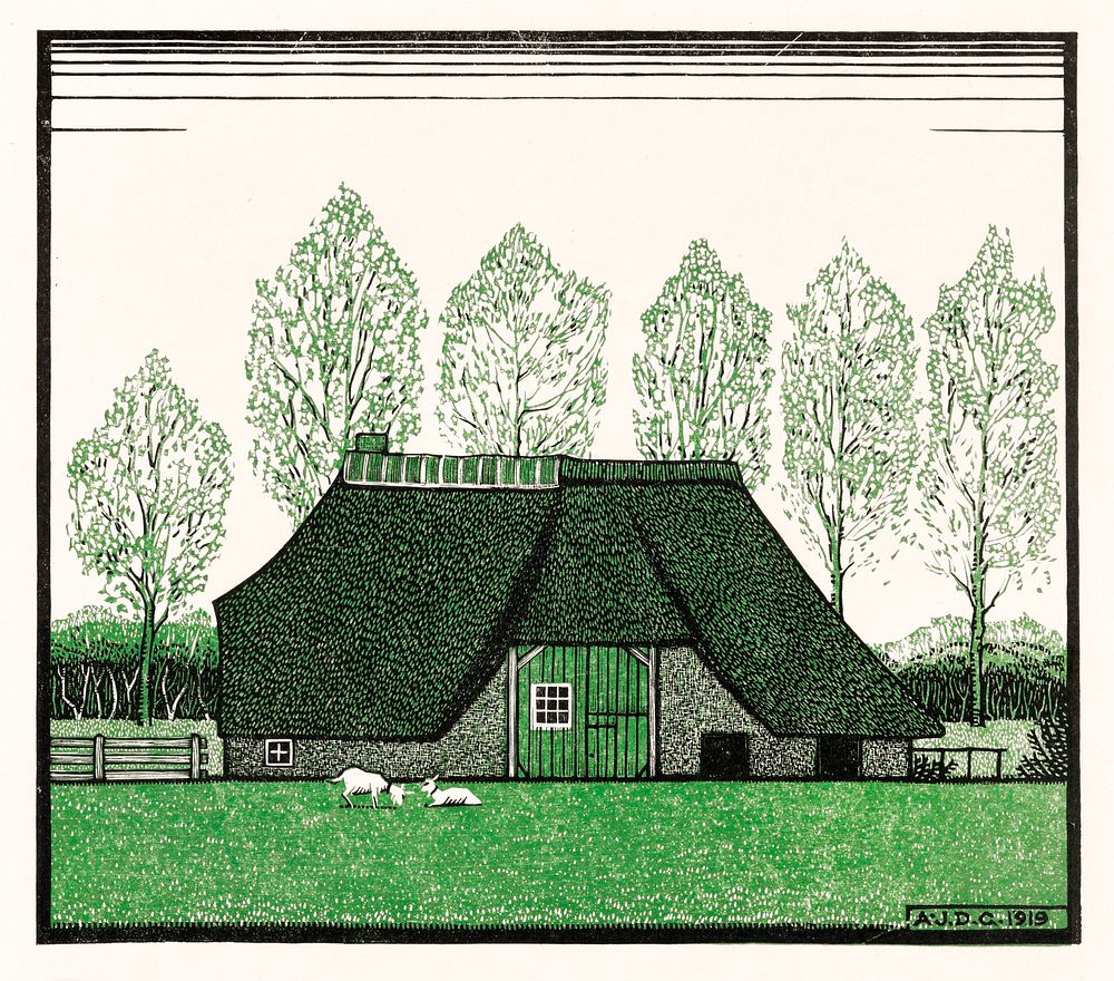 Farmhouse with thatched roof (1919) by Julie de Graag (1877-1924). Original from The Rijksmuseum. Digitally enhanced by…