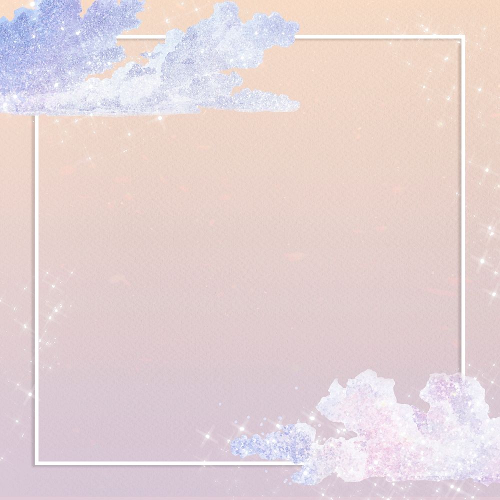 Square white frame on a pastel glitter cloud patterned background