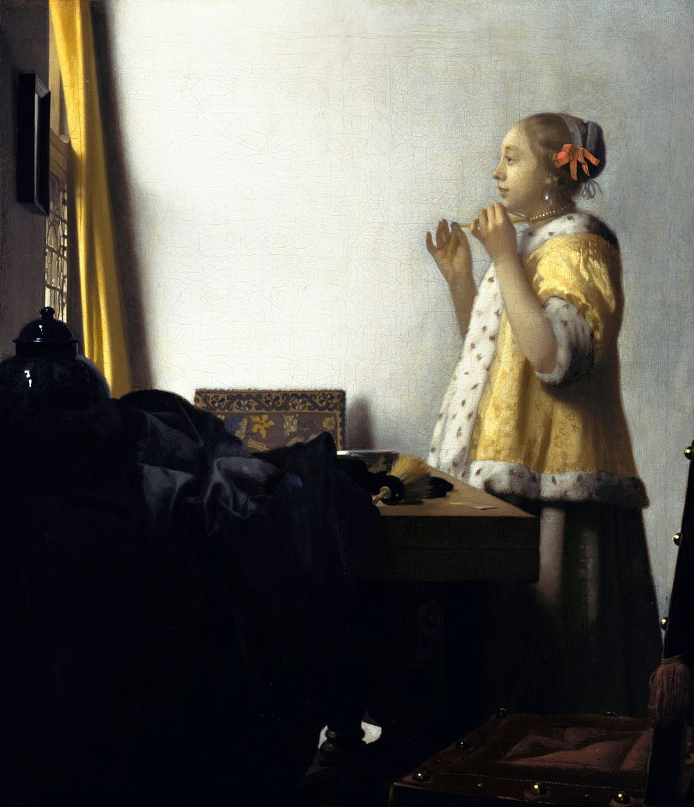 Johannes Vermeer&rsquo;s Young Woman with a Pearl Necklace (ca. 1663&ndash;1665) famous painting. Original from Wikimedia…