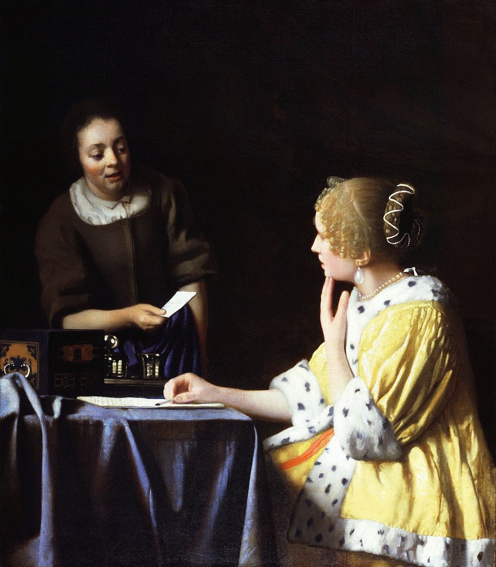 Johannes Vermeer&rsquo;s Mistress and Maid (ca. 1666&ndash;1667) famous painting. Original from Wikimedia Commons. Digitally…