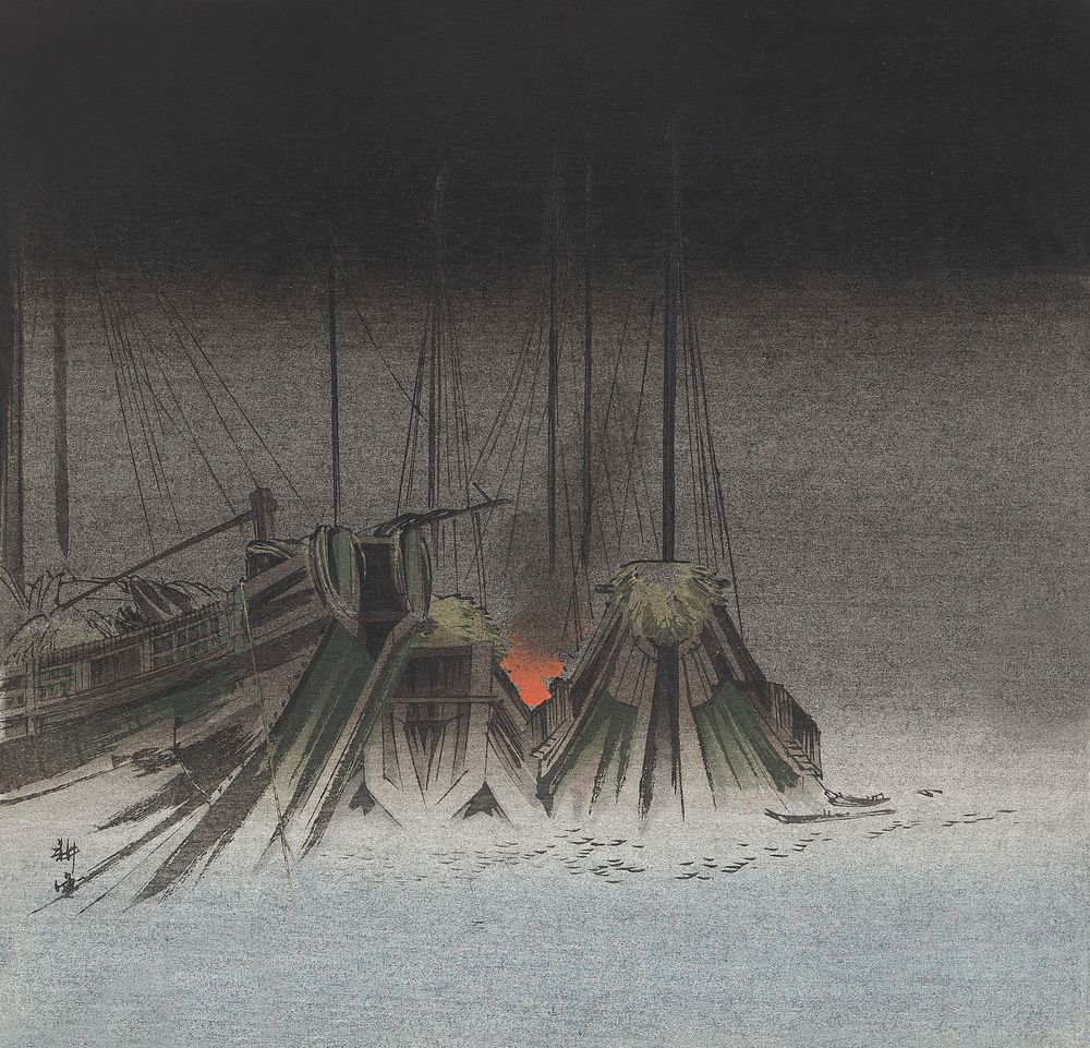 Ships at night (1890&ndash;1900) by Kogyo Tsukioka. Original from The Rijksmuseum. Digitally enhanced by rawpixel.